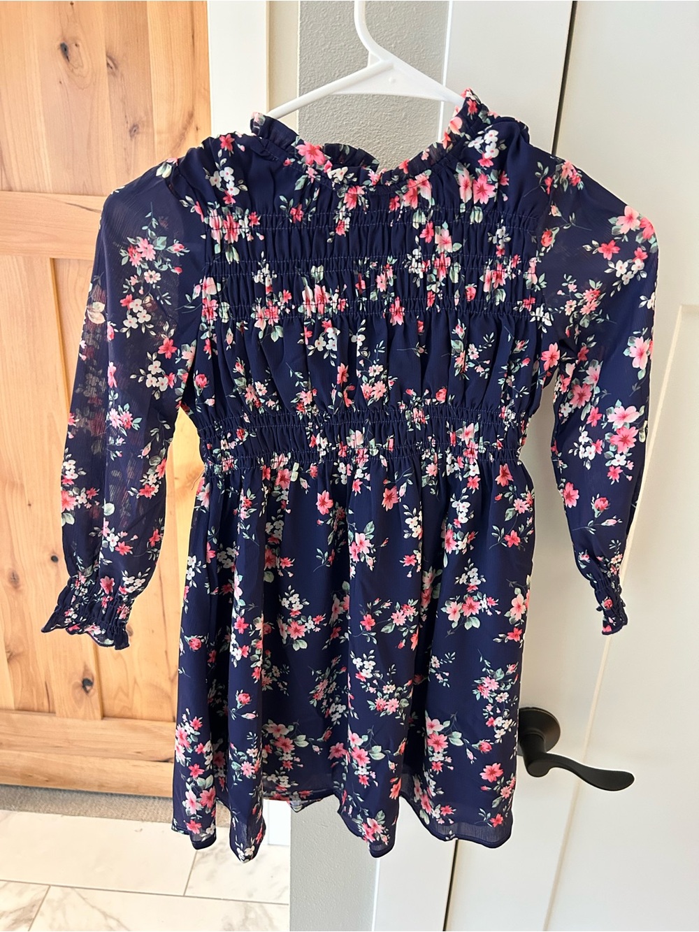 NWT! Navy Floral Shirred Long Sleeve Knee Length Cottagecore Dress